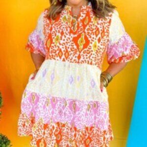 Plus Size Leopard Puff Sleeve Slit Neck Babydoll Dress